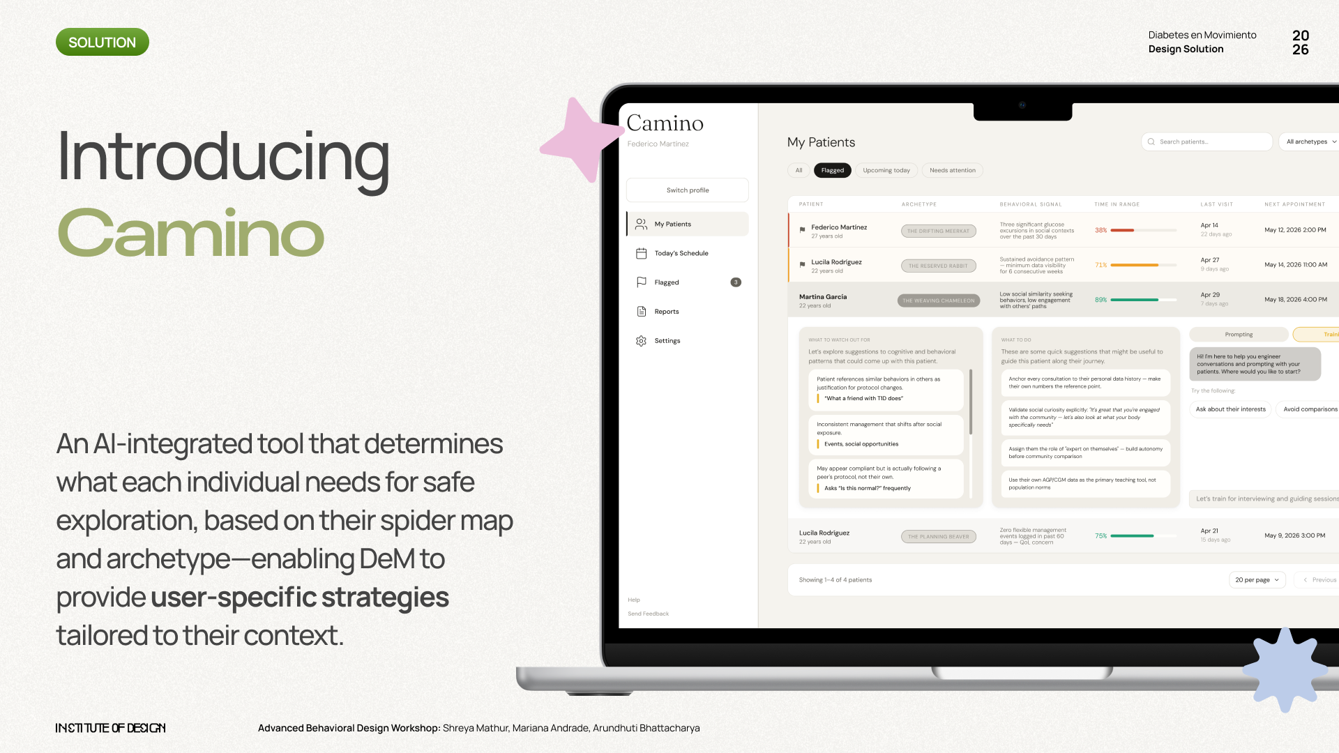 Introducing Camino — AI-integrated tool with the DeM counselor dashboard visible
