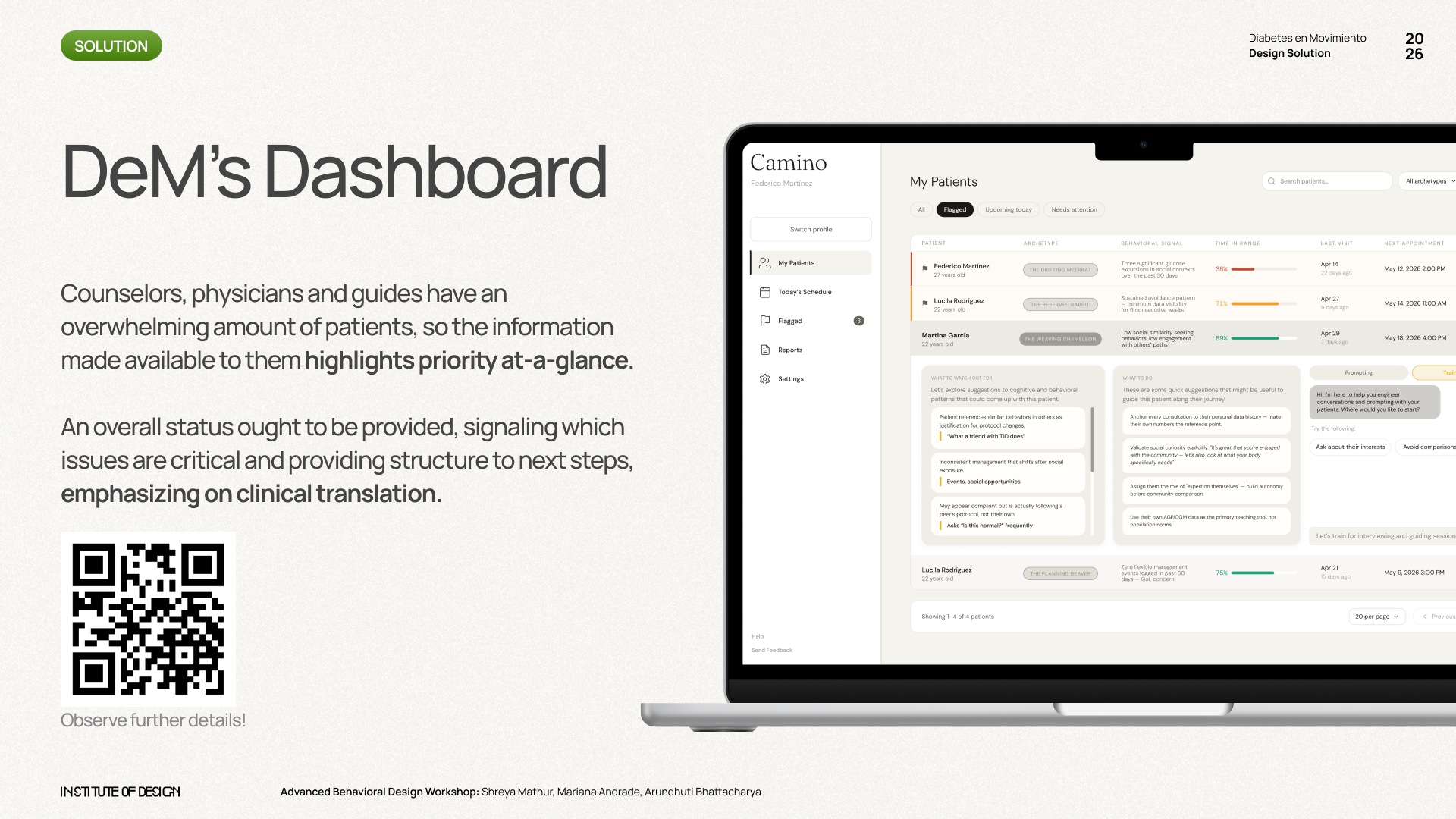 DeM's clinical dashboard — patient list, archetypes, behavioral signals, and AI-supported consultation strategies