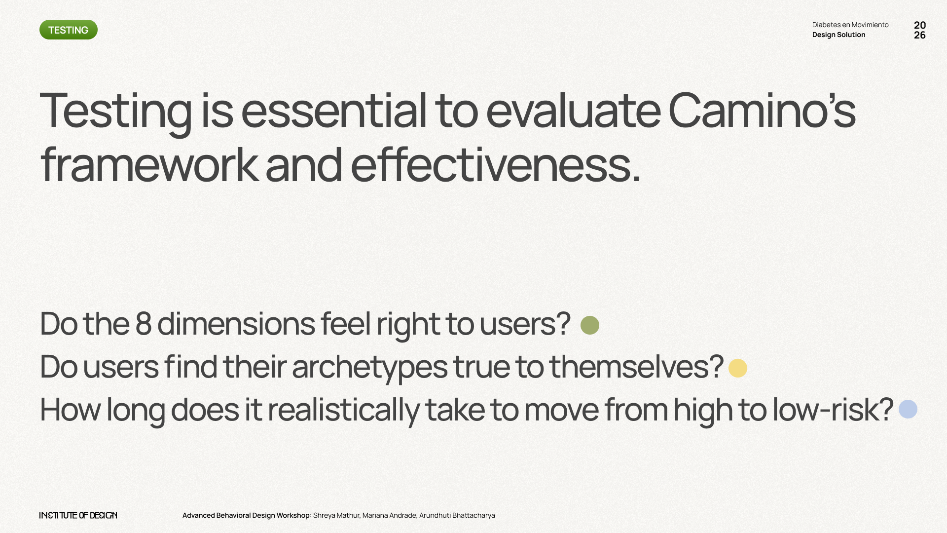 Testing slide — three key validation questions for Camino